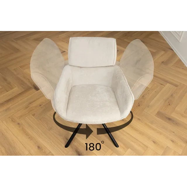 Chaise rétro pivotante UNIQUE – Revêtement chenille champagne beige & pieds métal noir avec accoudoirs