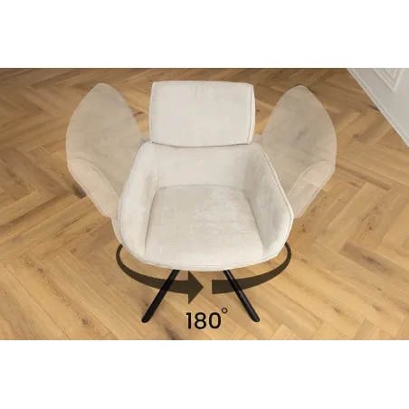 Chaise rétro pivotante UNIQUE – Revêtement chenille champagne beige & pieds métal noir avec accoudoirs