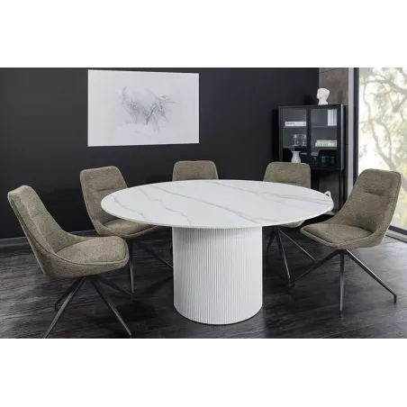 Table ronde en céramique blanche UNIQUE 120 cm – Design marbre & pied colonne élégant