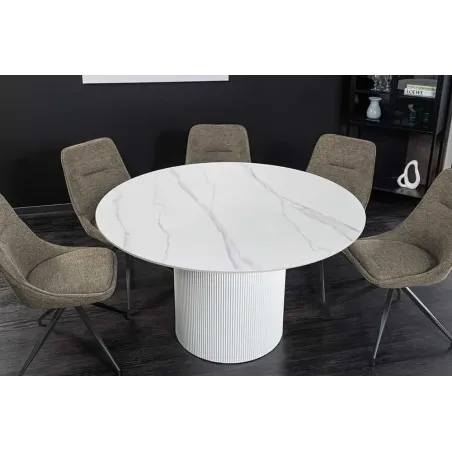 Table ronde en céramique blanche UNIQUE 120 cm – Design marbre & pied colonne élégant