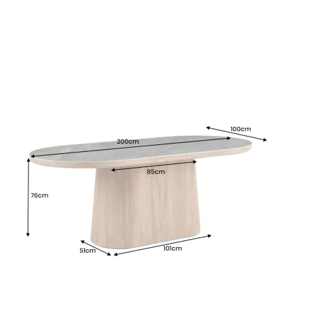 Table ovale en céramique blanche 200 cm – Design marbre & pied colonne en chêne