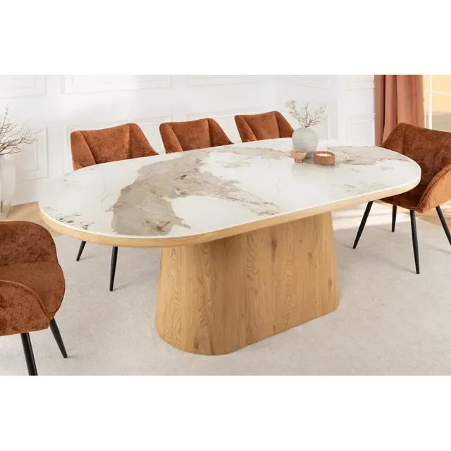 Table ovale en céramique blanche 200 cm – Design marbre & pied colonne en chêne Table ovale en céramique blanche 200 cm – Design marbre & pied colonne en chêne