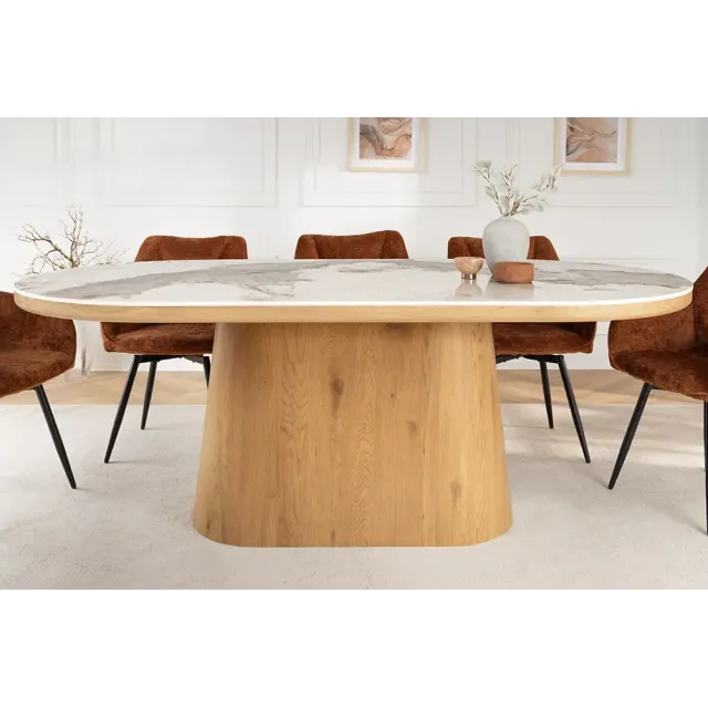 Table ovale en céramique blanche 200 cm – Design marbre & pied colonne en chêne Table ovale en céramique blanche 200 cm – Design marbre & pied colonne en chêne