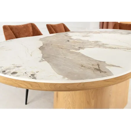 Table ovale en céramique blanche 200 cm – Design marbre & pied colonne en chêne