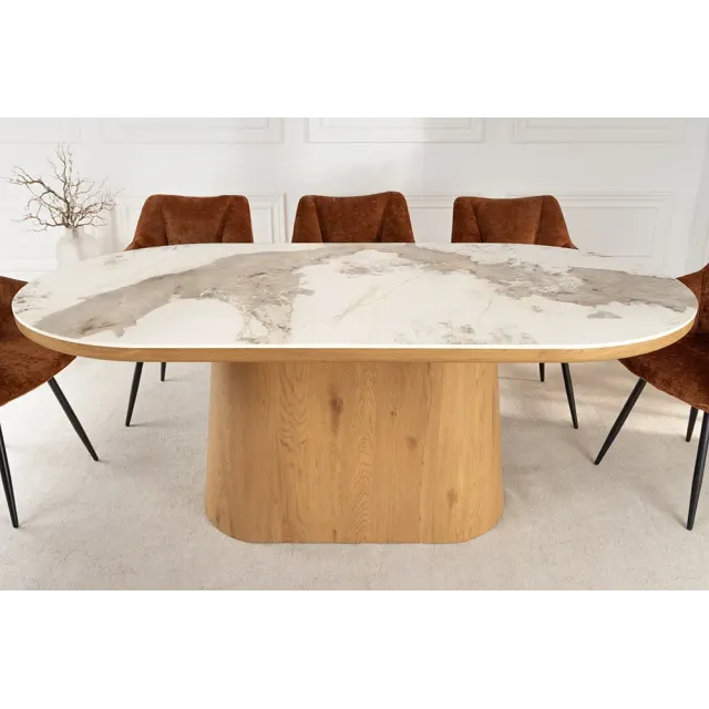 Table ovale en céramique blanche 200 cm – Design marbre & pied colonne en chêne Table ovale en céramique blanche 200 cm – Design marbre & pied colonne en chêne