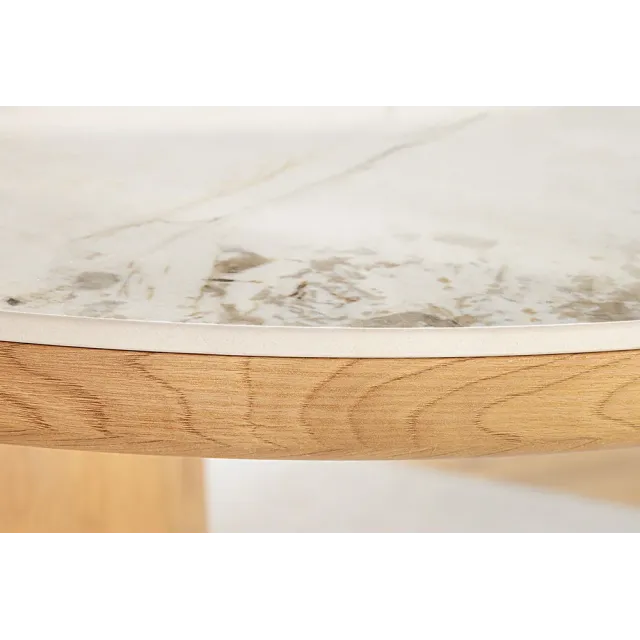 Table ovale en céramique blanche 200 cm – Design marbre & pied colonne en chêne Table ovale en céramique blanche 200 cm – Design marbre & pied colonne en chêne