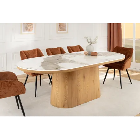 Table ovale en céramique blanche 200 cm – Design marbre & pied colonne en chêne