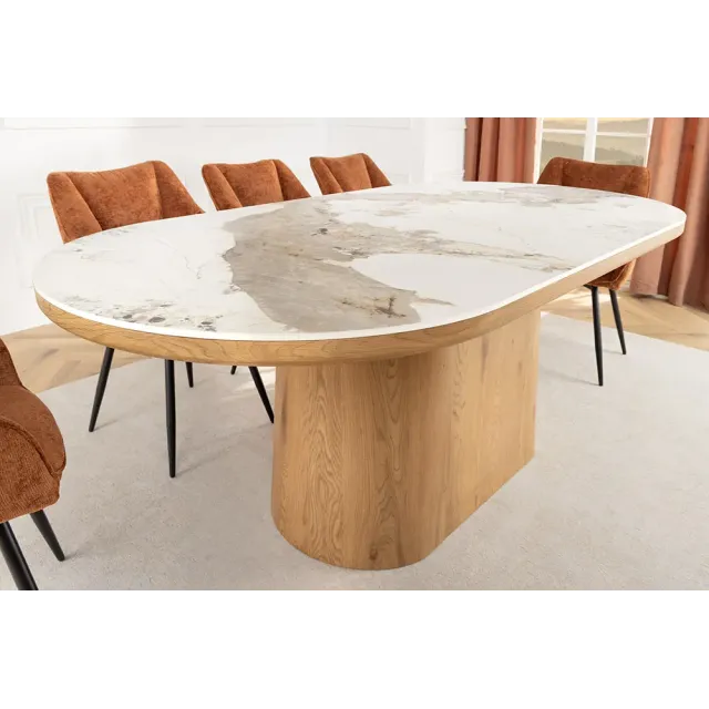 Table ovale en céramique blanche 200 cm – Design marbre & pied colonne en chêne Table ovale en céramique blanche 200 cm – Design marbre & pied colonne en chêne