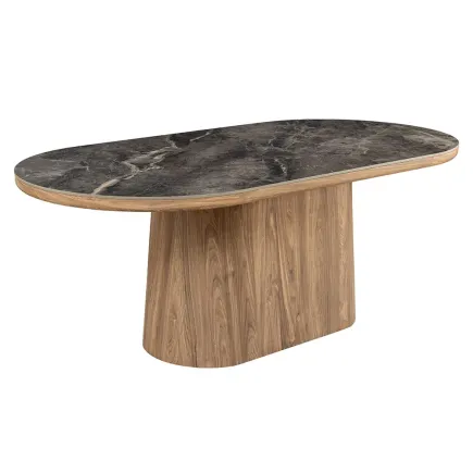 Table ovale en céramique grise 200 cm – Design marbre & pied colonne en noyer