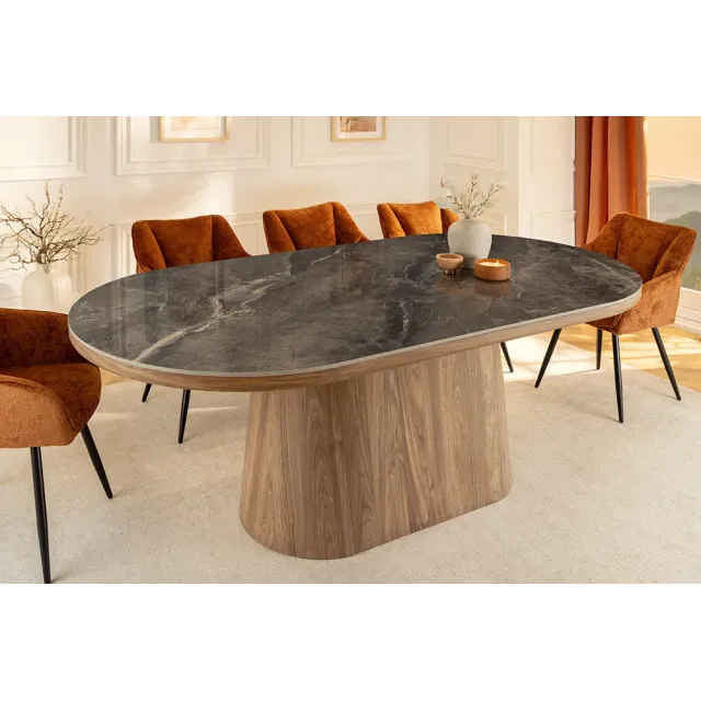 Table ovale en céramique grise 200 cm – Design marbre & pied colonne en noyer