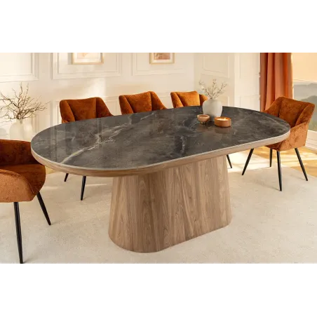 Table ovale en céramique grise 200 cm – Design marbre & pied colonne en noyer