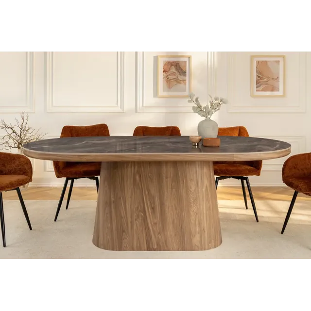 Table ovale en céramique grise 200 cm – Design marbre & pied colonne en noyer