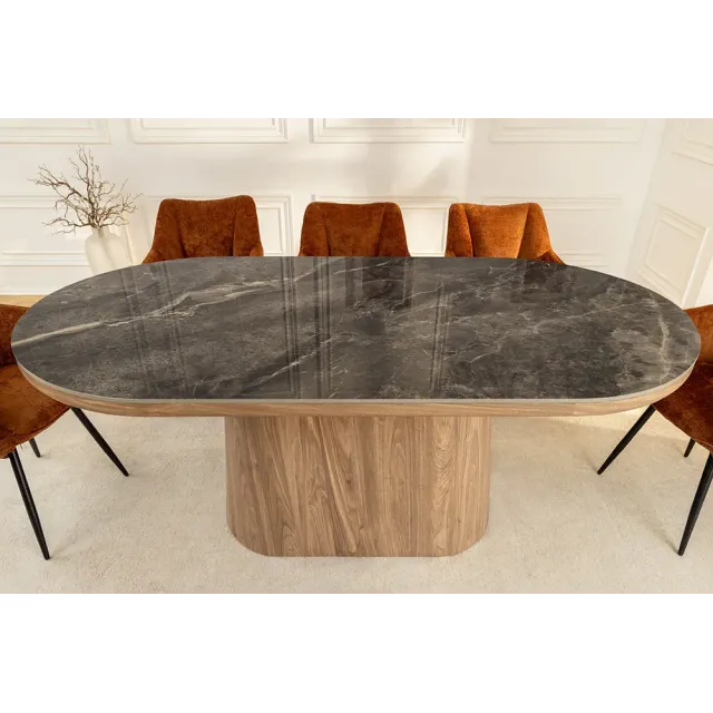 Table ovale en céramique grise 200 cm – Design marbre & pied colonne en noyer