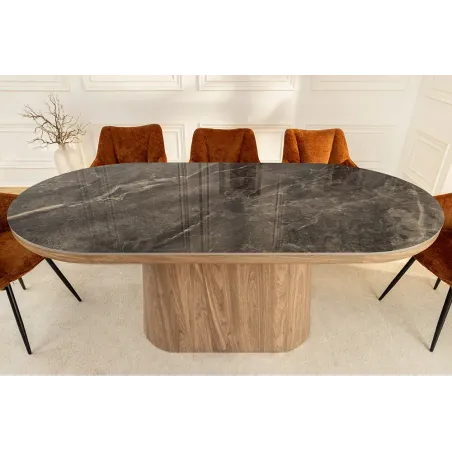 Table ovale en céramique grise 200 cm – Design marbre & pied colonne en noyer