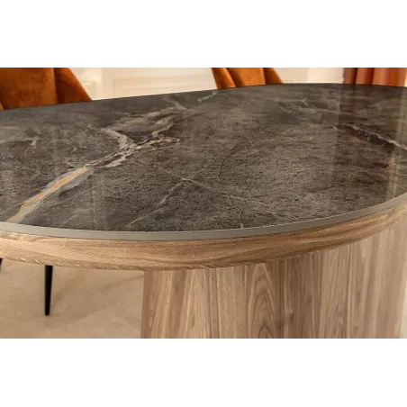 Table ovale en céramique grise 200 cm – Design marbre & pied colonne en noyer