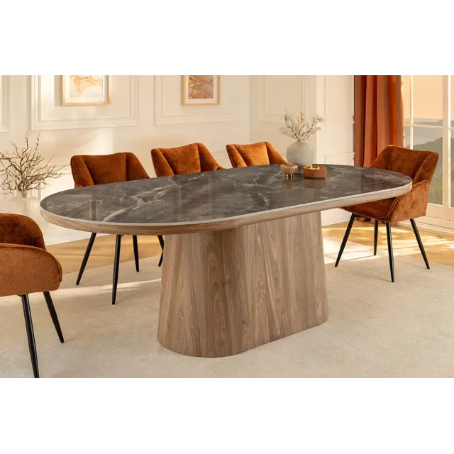 Table ovale en céramique grise 200 cm – Design marbre & pied colonne en noyer