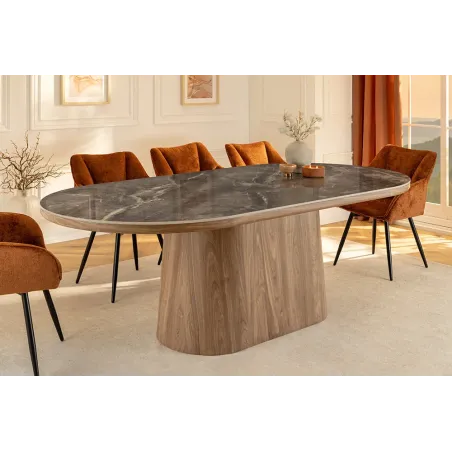 Table ovale en céramique grise 200 cm – Design marbre & pied colonne en noyer