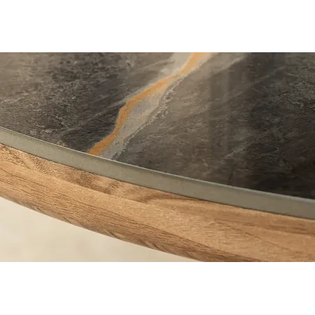 Table ovale en céramique grise 200 cm – Design marbre & pied colonne en noyer
