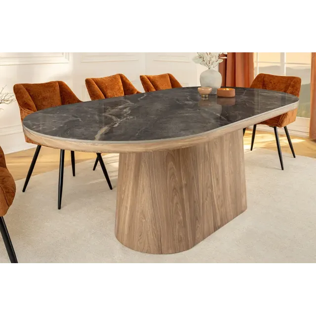 Table ovale en céramique grise 200 cm – Design marbre & pied colonne en noyer