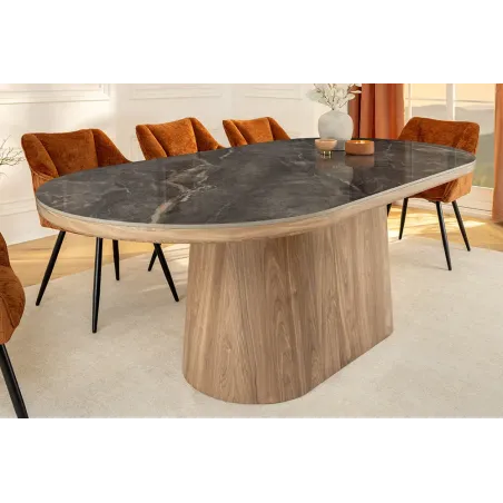 Table ovale en céramique grise 200 cm – Design marbre & pied colonne en noyer