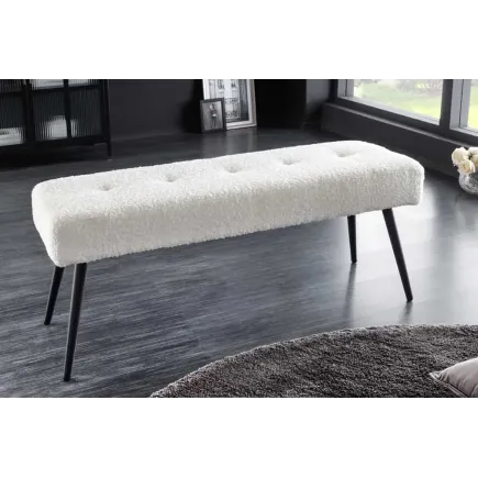 Banquette design BOUTIQUE 100 cm – Assise en bouclé blanc et pieds en métal noir réglables