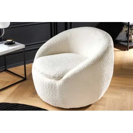 Fauteuil design ALPINE blanc – Fauteuil pivotant 360° en tissu bouclé avec accoudoirs