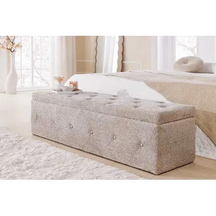 Banquette de lit Chesterfield EXTRAVAGANCIA 140 cm – Tissu bouclé champagner greige avec coffre de rangement intégré