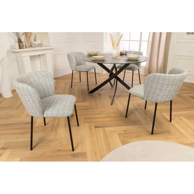Chaise design LYON – Bouclé bleu à carreaux, pieds en métal noir au style rétro-moderne