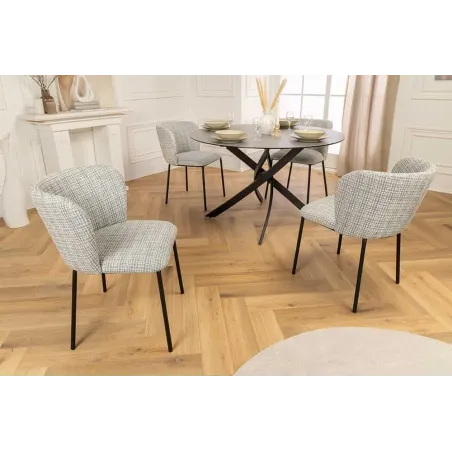 Chaise design LYON – Bouclé bleu à carreaux, pieds en métal noir au style rétro-moderne