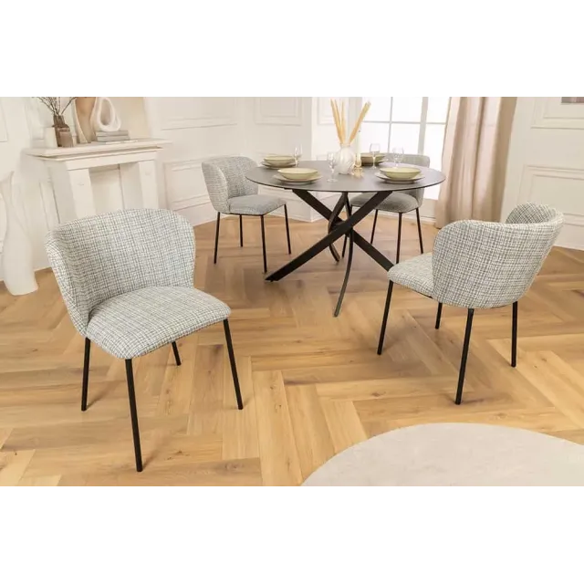 Chaise design LYON – Bouclé bleu à carreaux, pieds en métal noir au style rétro-moderne