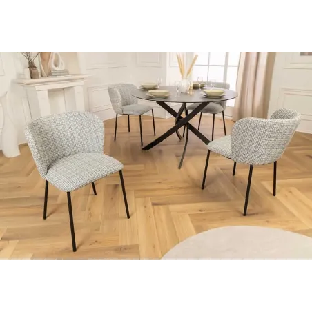 Chaise design LYON – Bouclé bleu à carreaux, pieds en métal noir au style rétro-moderne
