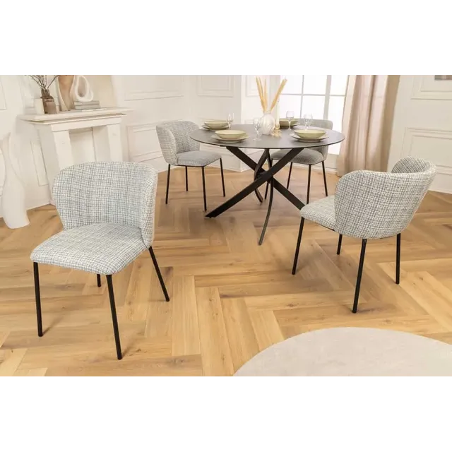 Chaise design LYON – Bouclé bleu à carreaux, pieds en métal noir au style rétro-moderne