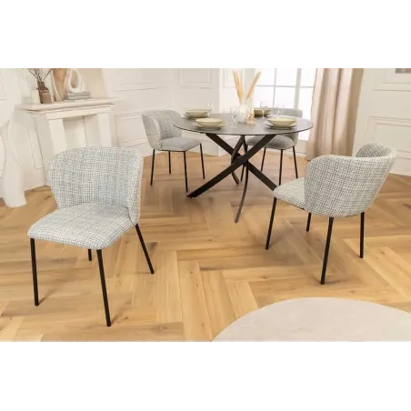 Chaise design LYON – Bouclé bleu à carreaux, pieds en métal noir au style rétro-moderne