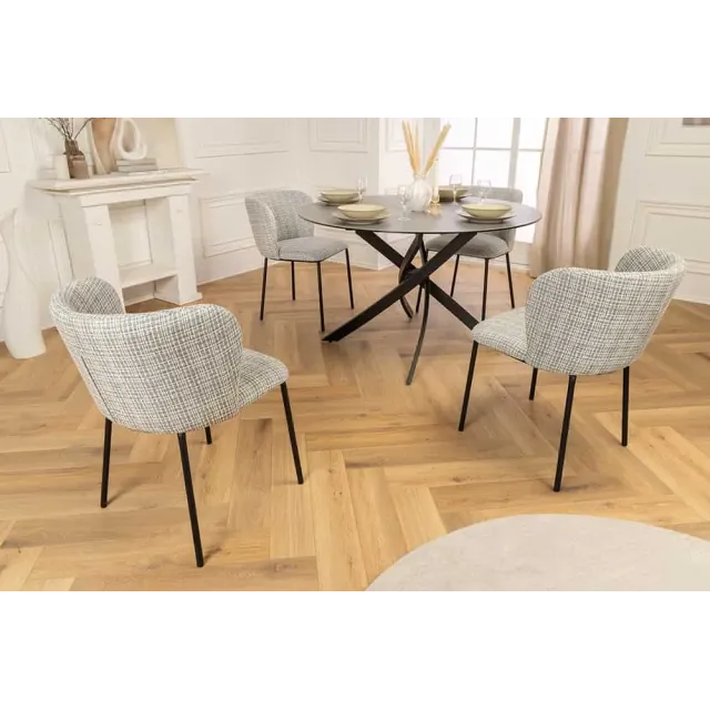 Chaise design LYON – Bouclé bleu à carreaux, pieds en métal noir au style rétro-moderne