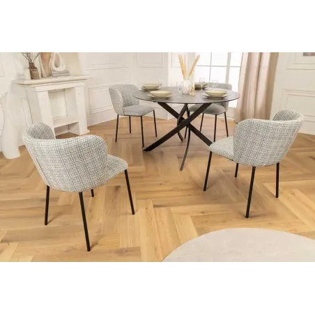 Chaise design LYON – Bouclé bleu à carreaux, pieds en métal noir au style rétro-moderne