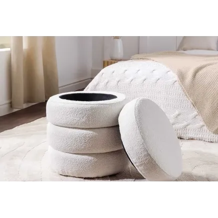 Pouf rond VOGUE 50 cm – Tissu bouclé crème blanc avec espace de rangement intégré 2