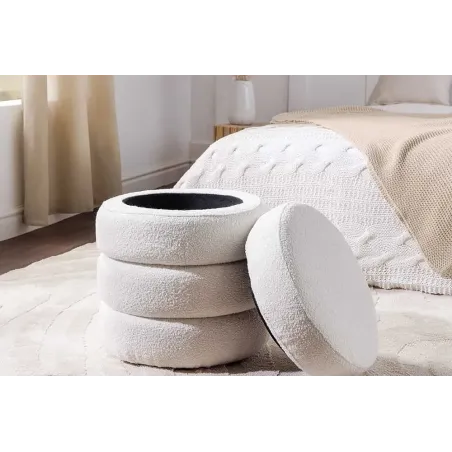 Pouf rond VOGUE 50 cm – Tissu bouclé crème blanc avec espace de rangement intégré