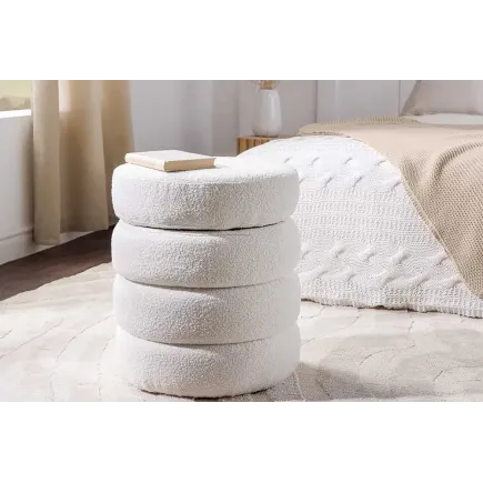 Pouf rond VOGUE 50 cm – Tissu bouclé crème blanc avec espace de rangement intégré