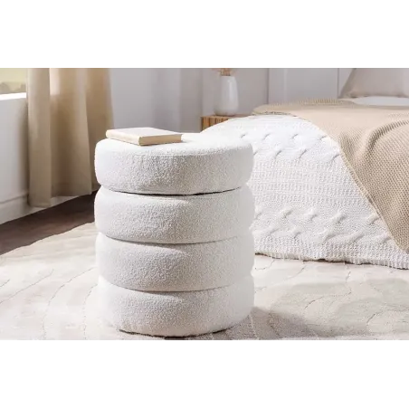 Pouf rond VOGUE 50 cm – Tissu bouclé crème blanc avec espace de rangement intégré