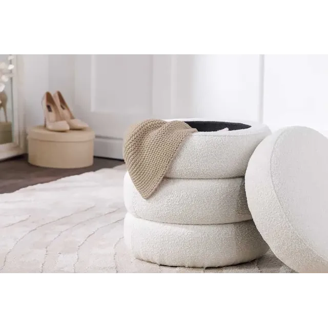 Pouf rond VOGUE 50 cm – Tissu bouclé crème blanc avec espace de rangement intégré