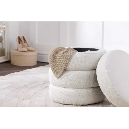 Pouf rond VOGUE 50 cm – Tissu bouclé crème blanc avec espace de rangement intégré