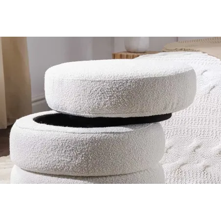 Pouf rond VOGUE 50 cm – Tissu bouclé crème blanc avec espace de rangement intégré