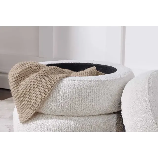 Pouf rond VOGUE 50 cm – Tissu bouclé crème blanc avec espace de rangement intégré