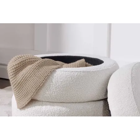 Pouf rond VOGUE 50 cm – Tissu bouclé crème blanc avec espace de rangement intégré