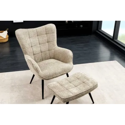 Fauteuil design scandinave – Tissu bouclé champagner greige avec accoudoirs et pieds en métal noir 2