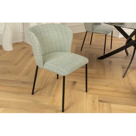 Chaise design LYON – Tissu bouclé à carreaux vert et rose, pieds en métal noir, style rétro revisité