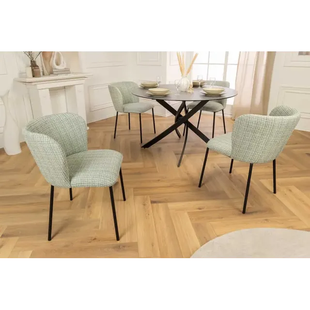 Chaise design LYON – Tissu bouclé à carreaux vert et rose, pieds en métal noir, style rétro revisité
