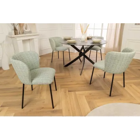 Chaise design LYON – Tissu bouclé à carreaux vert et rose, pieds en métal noir, style rétro revisité