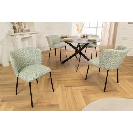 Chaise design LYON – Tissu bouclé à carreaux vert et rose, pieds en métal noir, style rétro revisité