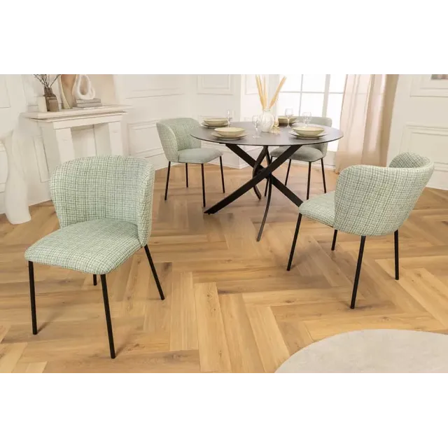 Chaise design LYON – Tissu bouclé à carreaux vert et rose, pieds en métal noir, style rétro revisité